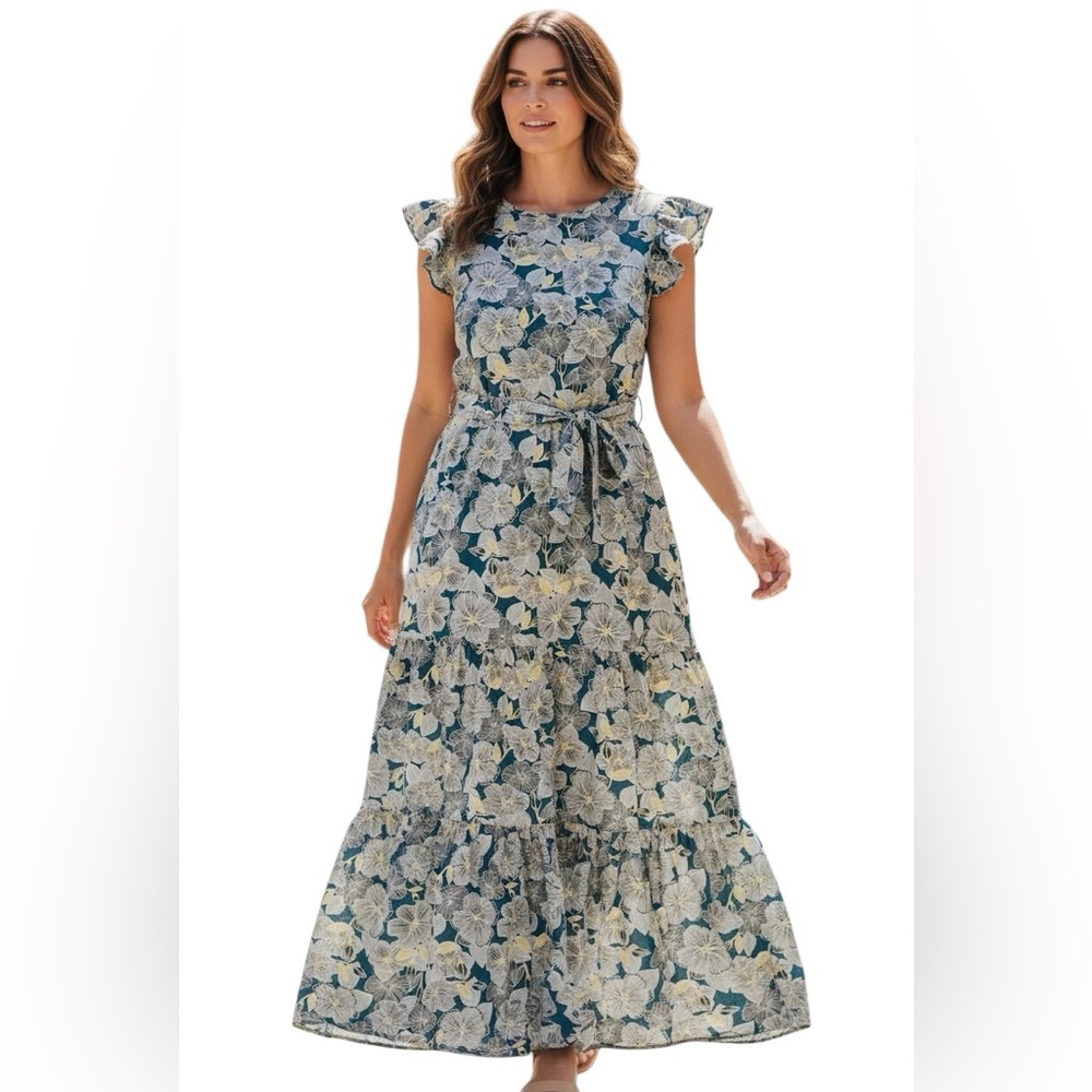 Urbanic Blue Floral Midi Dress Flutter Sleeve Size S